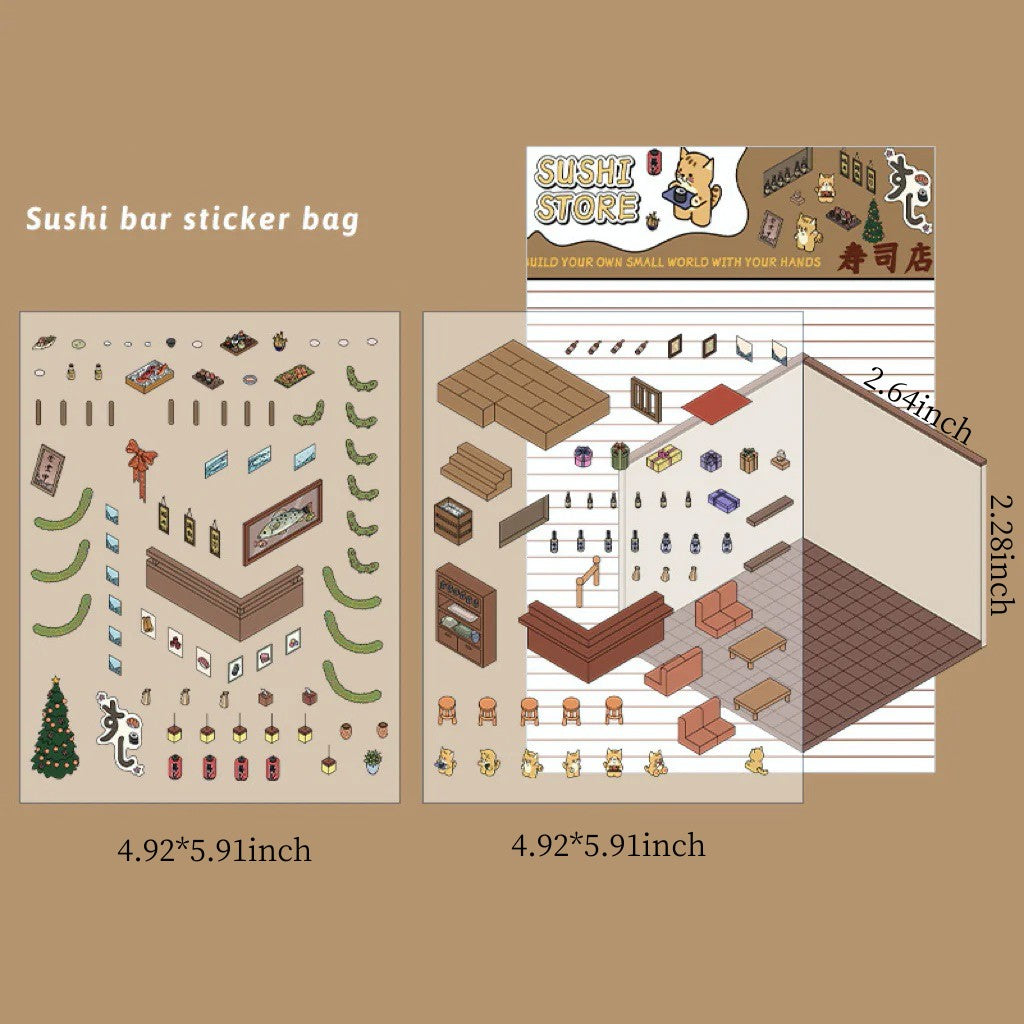 Stickers Mini Scene, Make Your Own Supermarket/Coffee Shop/Restaurant/Bookstore